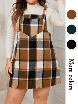 Plus Size Plaid Print Pocket Pinafore Dress, Casual Button Straps Overall Dress for Fall & Winter, Women's Clothes for Daily ...