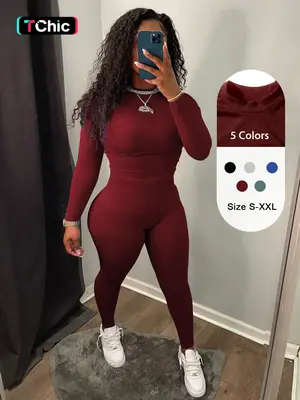 Women's Solid Long Sleeve Mock Neck Top & Skinny Pants  Fall Two-Piece Set, Casual Fashion Cozy Top & Trousers for Daily Ou...