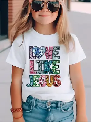 Girl's Colorful Letter Print Round Neck Tee, Fashion Casual Crew Neck T-Shirt for Daily Holiday Vacation Outdoor Wear, Kids C...