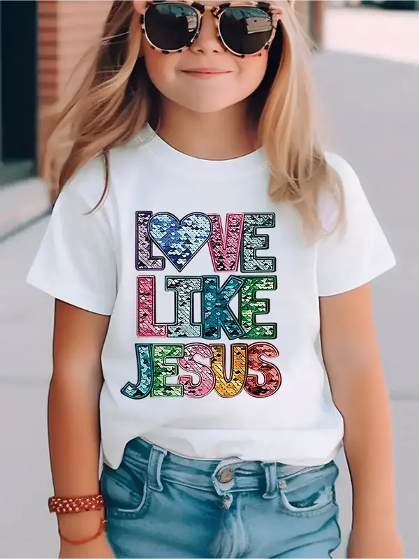 Girl's Colorful Letter Print Round Neck Tee, Fashion Casual Crew Neck T-Shirt for Daily Holiday Vacation Outdoor Wear, Kids C...