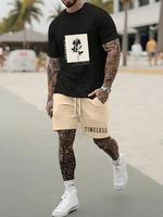 Men's Floral Print Drawstring Waist Shorts Set, Casual Short Sleeve T-shirt & Pocket Track Shorts for Summer, Fashion Cozy  M...