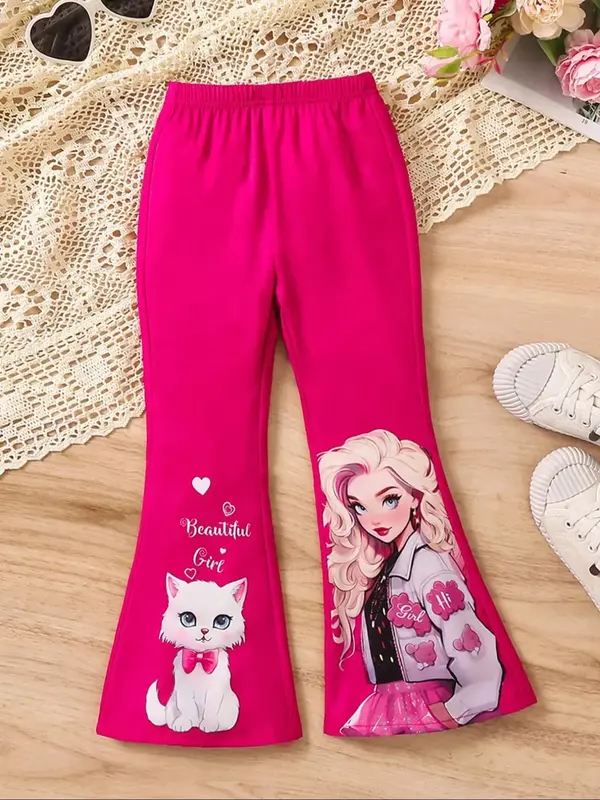 Girl's Cartoon Cat & Figure Print Flare Leg Pants, Cute Elastic Waist Bell Bottom Trousers for Daily Wear, Kids Bottoms for F...