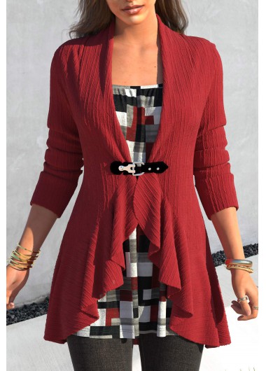 Modlily Wine Red Fake 2in1 Geometric Print T Shirt - M