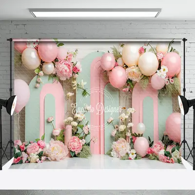 Green Pink Arch Balloon Floral Cake Smash Backdrop - Aperturee