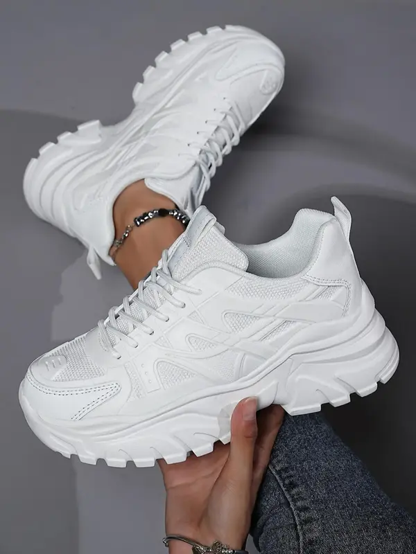 1 Pair Women's Minimalist Plain Lace up Low Top Platform Sneakers, Casual Sporty Chunky Shoes for Daily Wear, Breathable Non-...