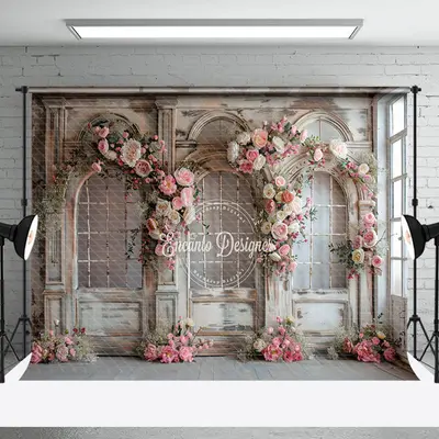 Retro Door Pink Floral Wedding Backdrop For Photo
