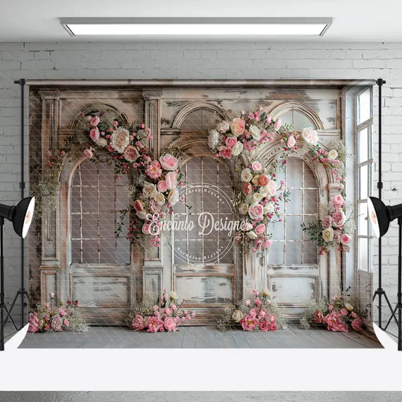 Retro Door Pink Floral Wedding Backdrop For Photo