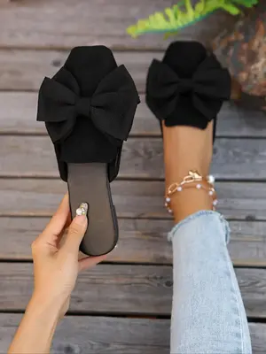 Women's Fashionable Bowknot Design Mule Flats, Casual Comfortable Square Toe Flat Shoes Sandals for Daily Wear, Lightweight B...