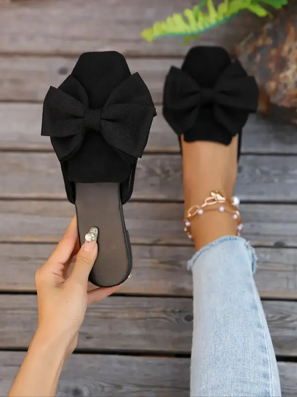 Women's Fashionable Bowknot Design Mule Flats, Casual Comfortable Square Toe Flat Shoes Sandals for Daily Wear, Lightweight B...