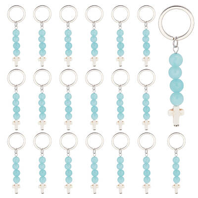 Synthetic Turquoise Bead and Natural Jade Cross Pendant Keychain