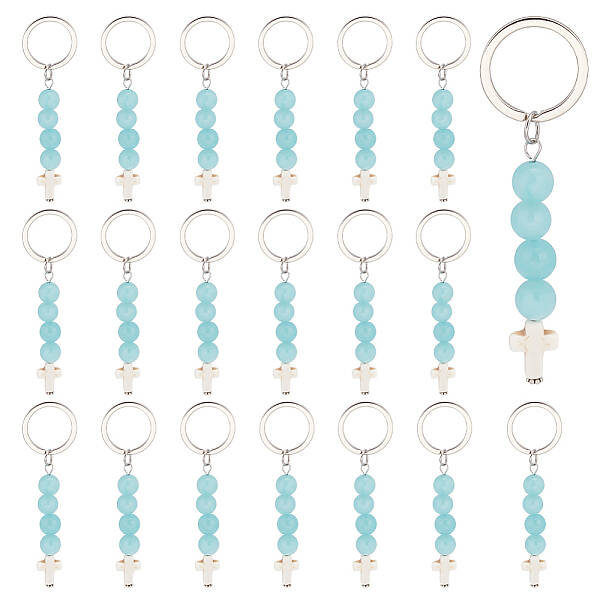 Synthetic Turquoise Bead and Natural Jade Cross Pendant Keychain