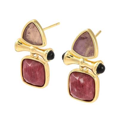 Ion Plating(IP) Natural Amethyst and Natural Rhodonite Stud Earring Findings