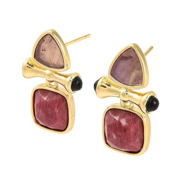 Ion Plating(IP) Natural Amethyst and Natural Rhodonite Stud Earring Findings