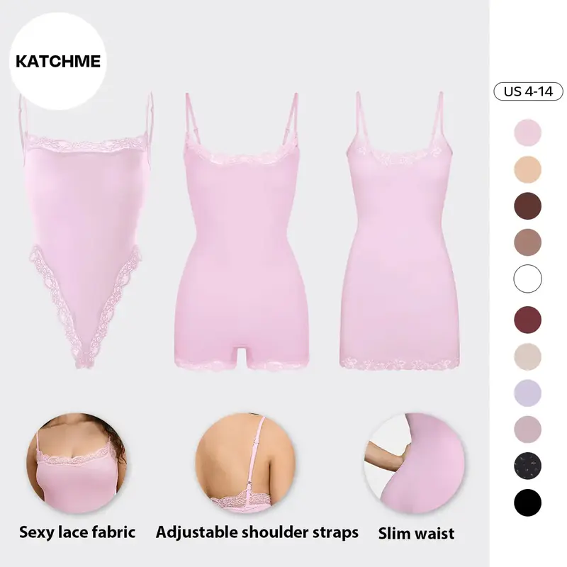 KatchMe Lace Series Women's Spaghetti Strap Lace Trim Breathable Bodysuit, Slim-Fitting Chic Playsuit, Seamless Sexy Nightdre...