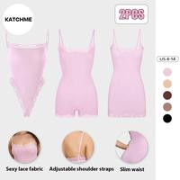KatchMe Lace Series Women's Spaghetti Strap Lace Trim Breathable Bodysuit, Slim-Fitting Chic Playsuit, Seamless Sexy Nightdre...