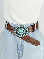 Vintage Turquoise Decor Western Belt, Fashion Belts, Boho Style Floral Pattern Waistband, Pu Leather Trendy Exquisite Belt fo...
