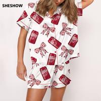 Pepper Drink Pink Coquette Bow Satin Pajama Set For Women Print Comfy Satin Sleepwear & Loungewear Pjs Printing Silky Top & B...