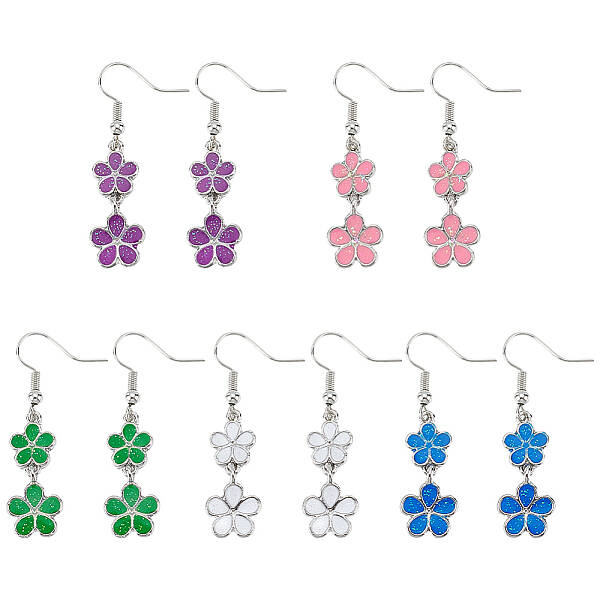 5 Pairs 5 Colors Alloy Enamel Flower Dangle Earrings
