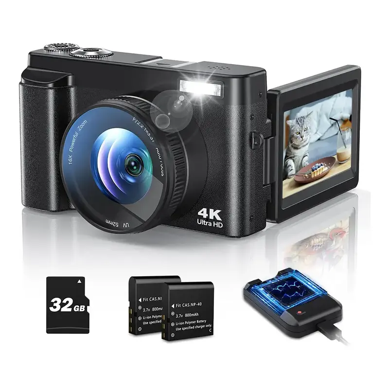 2025 Newest 4K Digital Camera with 180° Flip Screen - Portable Vlogging Camera, 32GB TF Card & Battery Charger Inculded, Aut...