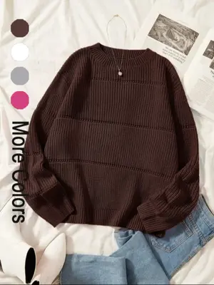 Women's Simple Minimalist Plain Textured Round Neck Sweater, Comfy Clothes for Women, Casual Basic Comfort Drop Shoulder Crew...