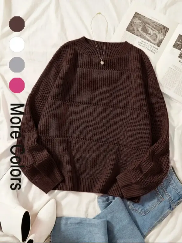Women's Simple Minimalist Plain Textured Round Neck Sweater, Comfy Clothes for Women, Casual Basic Comfort Drop Shoulder Crew...