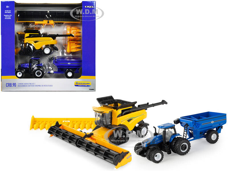 New Holland T8.410 Genesis Tractor Blue with J&M Grain Car and New Holland CR8.90 Combine Yellow Set of 3 pieces New Holland...