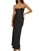 Sexy Satin Spaghetti Strap Floral Embroidered Maxi Dress for Women Sweetheart Neckline Backless Sleeveless Slit Midi Dress  W...