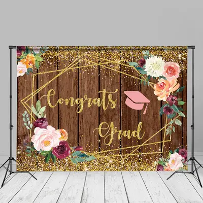 Gold Glitter Floral Wood Graduation Backdrop For Photo - Aperturee
