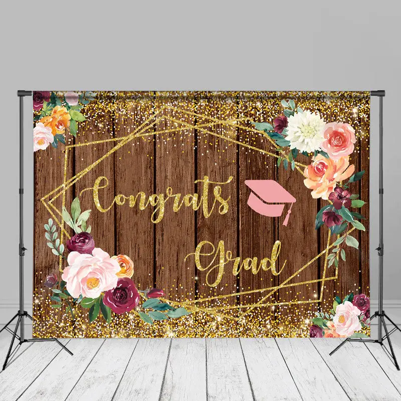 Gold Glitter Floral Wood Graduation Backdrop For Photo - Aperturee
