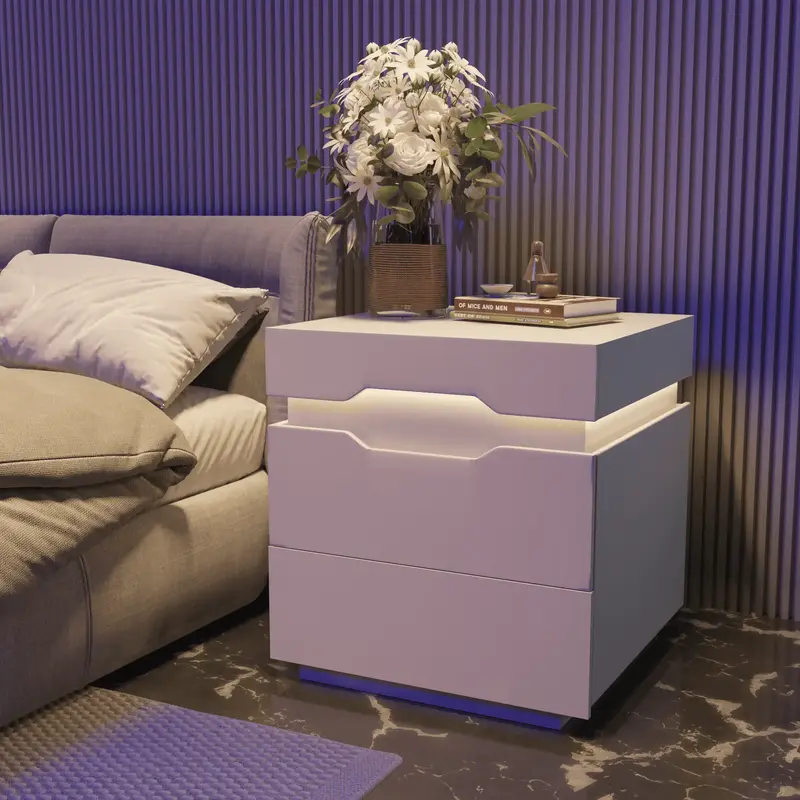 HOMALL Nightstand 2/3 Drawers Led Bedside End Tale with Remote and Charging Ports, White
