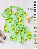 Women's All Over Print Pyjama Set, Casual Fitted Style Soft Short Sleeve Lapel Shirt & Elastic Waist Shorts Pj Set, Ladies Sl...