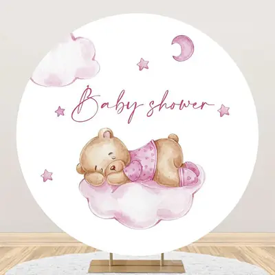 Pink Bear Cloud Star Moon Round Baby Shower Backdrop - Aperturee