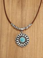 Boho Style Turquoise Texture Decor Pendant Necklace, Vintage Style Flower Design Necklace for Women & Men, Fashion Jewelry fo...