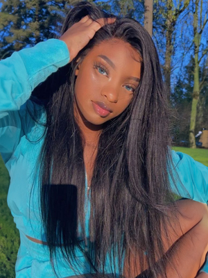 Invisible 5x5 HD Glueless Lace Wig Kinky Straight Hair 180% High Density Pre Plucked Natural Black (US Only)