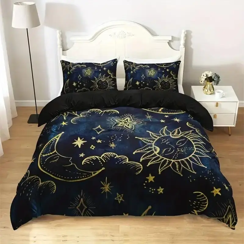 Sun, Moon and Star Pattern Bedding Set, Including 1 Count Duvet Cover & 1/2 Counts Pillowcase without Filler, Soft Comfor...
