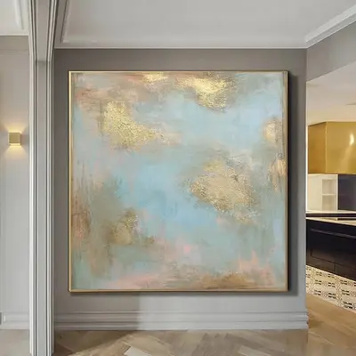 Large Abstract Acrylic Blue Paintings On Canvas Gold Leaf Textured Art Original Handmade Painting Modern Rich Texture Art | T...