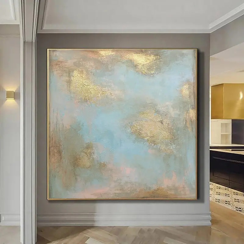 Large Abstract Acrylic Blue Paintings On Canvas Gold Leaf Textured Art Original Handmade Painting Modern Rich Texture Art | T...