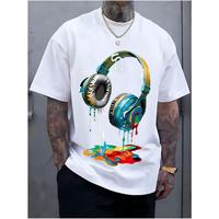 Men's Navy Blue Cotton T-shirt with Bright Headphone Pattern Printing-Casual Street Style, Short Sleeve, round Neck, Machine ...