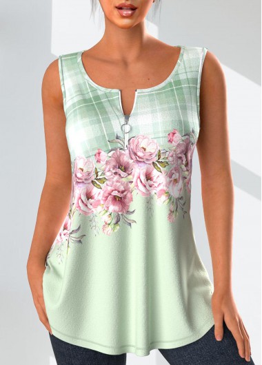 Modlily Light Green Zipper Floral Print Tank Top - XXL