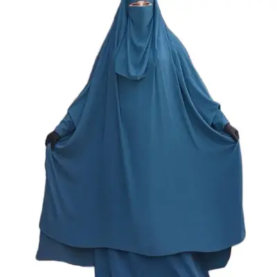 Beautiful Muslim Skirt and Hijab with Niqab in Teal Blue Color Traditional Fashion Wear zipper sleeves