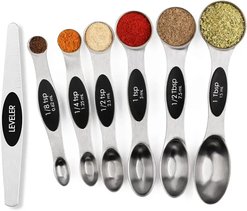 Home Magnetic Measuring Spoons Set - Stainless Steel - Dual Sided - Stackable - Fits in Spice Jars - Set of 8 (Black) Kitchen...
