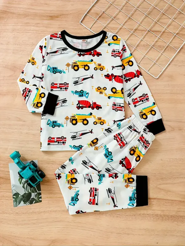 Boys' Fall Winter Truck Print Pajama Set, Long Sleeve Round Neck Top & Elastic Waist Pants, Casual Home Wear, Cartoon Print P...