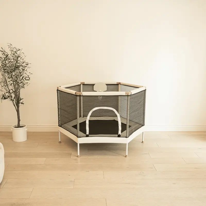 Square House Kids Trampoline 5 FT Sand, Aesthetic Indoor & Outdoor, Mini Ultra Safe No-Gap Design, Safety Net Included