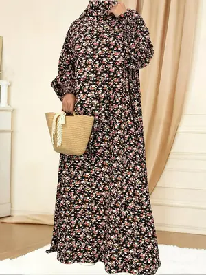 Women's Floral Print Long Sleeve Abaya with Belt, Modest Round Neck Long Dress for Daily Wear, Ladies Islamic Clothing for Al...