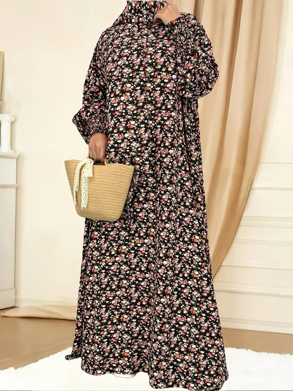 Women's Floral Print Long Sleeve Abaya with Belt, Modest Round Neck Long Dress for Daily Wear, Ladies Islamic Clothing for Al...