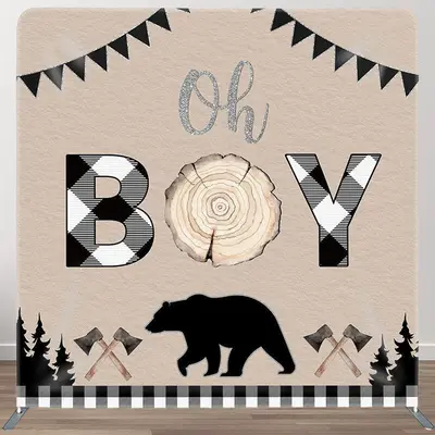 Oh Baby Bear Wood Fabric Backdrop Cover for Baby Shower - Aperturee