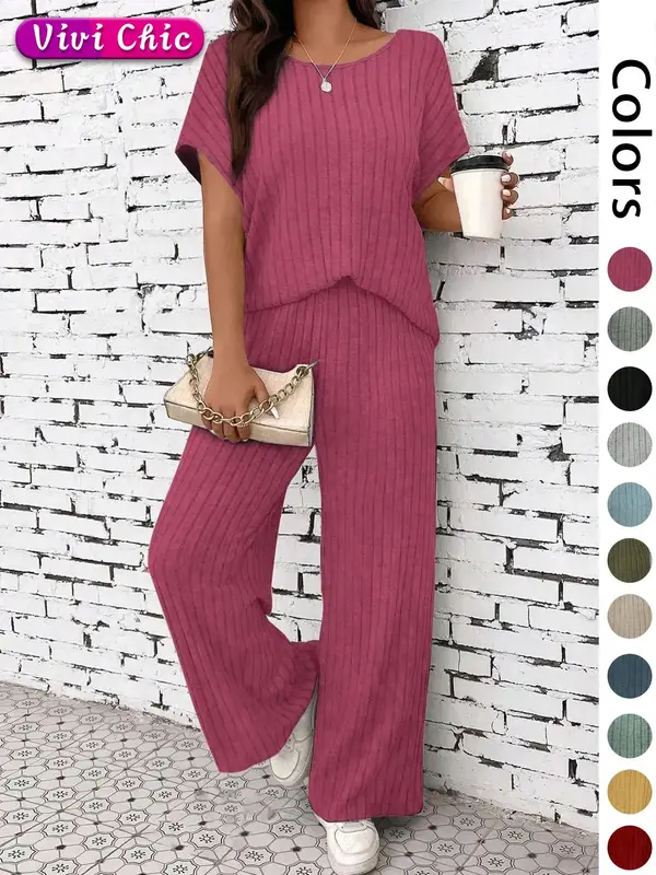 Women's Solid Ribbed Drop Shoulder Tee & Wide Leg Pants Two-piece Set, Casual Short Sleeve Round Neck T-shirt & Trousers for ...