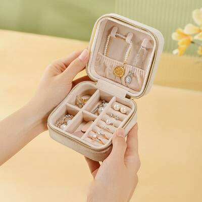 Square Mini PU Leather Jewelry Storage Zipper Box