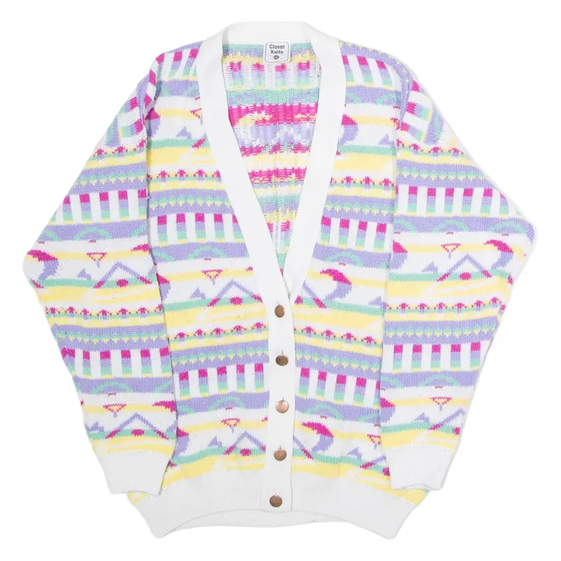 CLOVER KNITS Womens Patterned Cardigan Purple Crazy Pattern 90s XL