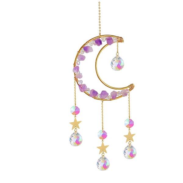 Natural Amethyst Chips Moon & Glass Teardrop Suncatchers